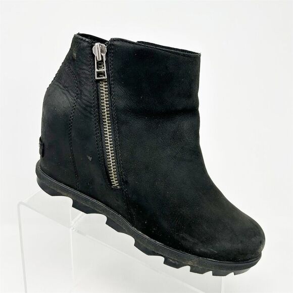Sorel Women's Black Leather Joan Of Arctic Wedge II Zip Bootie Size 9.5 - Picture 1 of 12